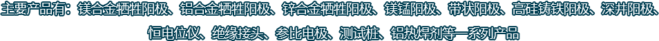 主要產(chǎn)品有：鎂合金犧牲陽(yáng)極、鋁合金犧牲陽(yáng)極、鋅合金犧牲陽(yáng)極、鎂錳陽(yáng)極、帶狀陽(yáng)極、高硅鑄鐵陽(yáng)極、深井陽(yáng)極、恒電位儀、絕緣接頭、參比電極、測(cè)試樁、鋁熱焊劑等一系列產(chǎn)品